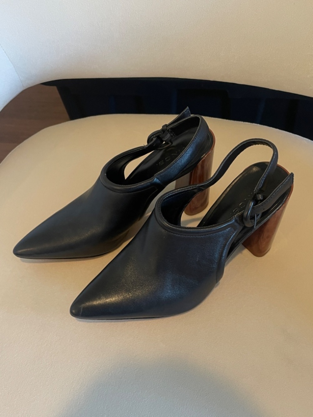 Vince Black Leather Point Toe Chunky Block Heels